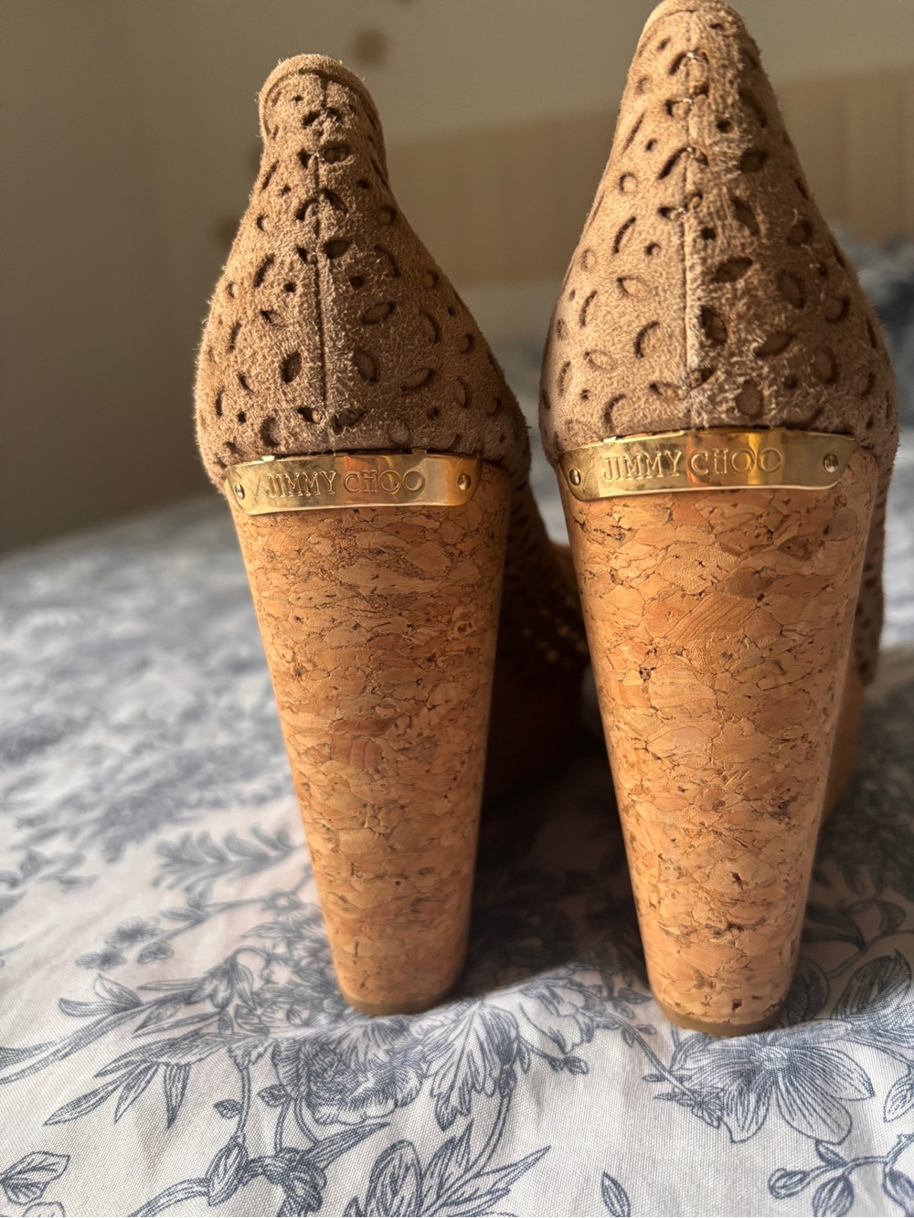 Jimmy Choo Taupe Perforated Suede Cork Platform Heels